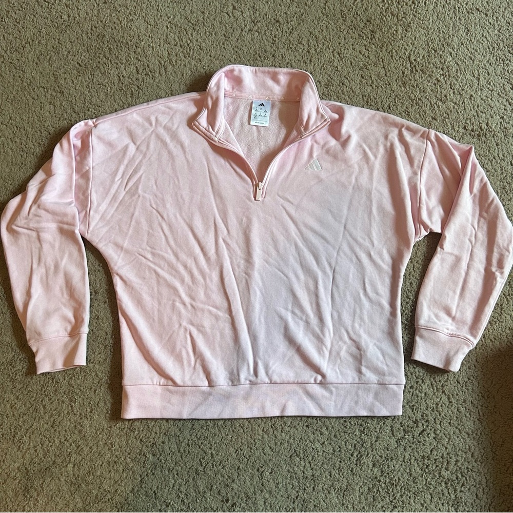 adidas Light Pink Half-Zip Lightweight Sweatshirt with Logo Trim Medium